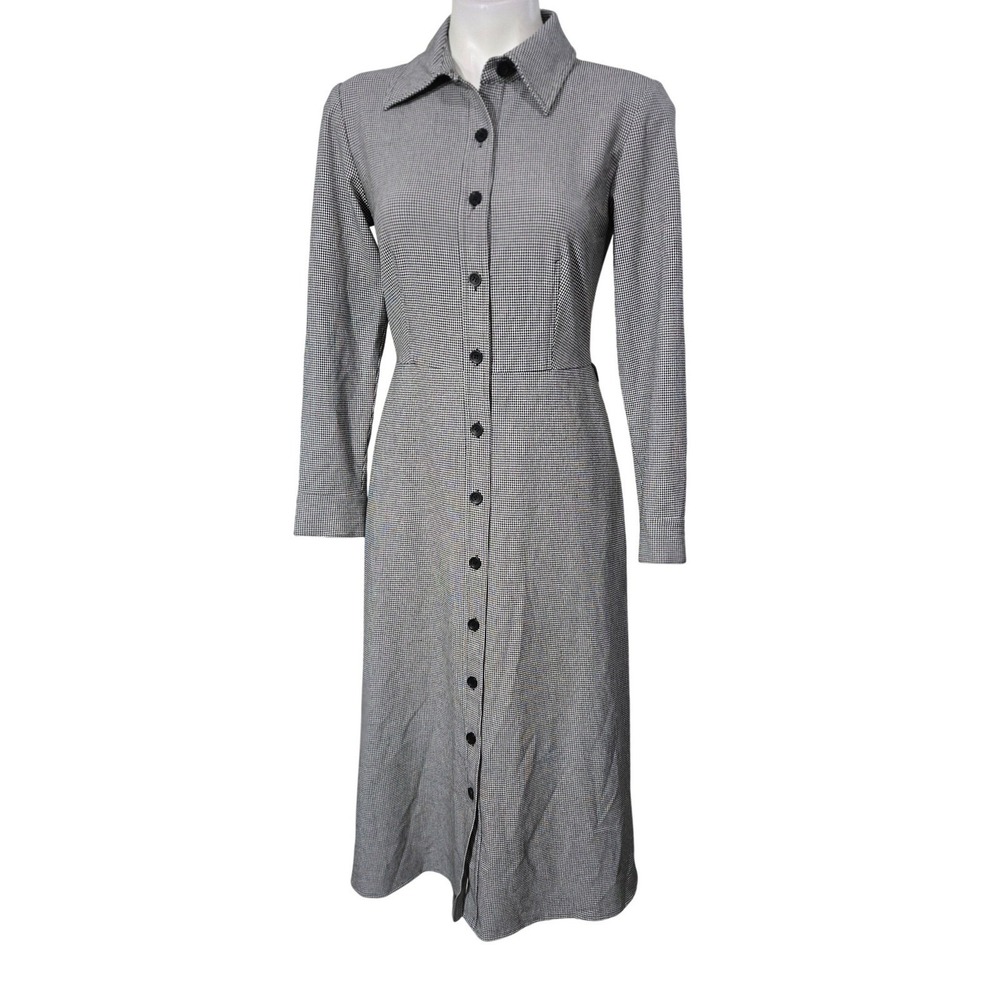 Talbots Petites Shirt Dress 4p Houndstooth Button Front Midi Black White Stretch